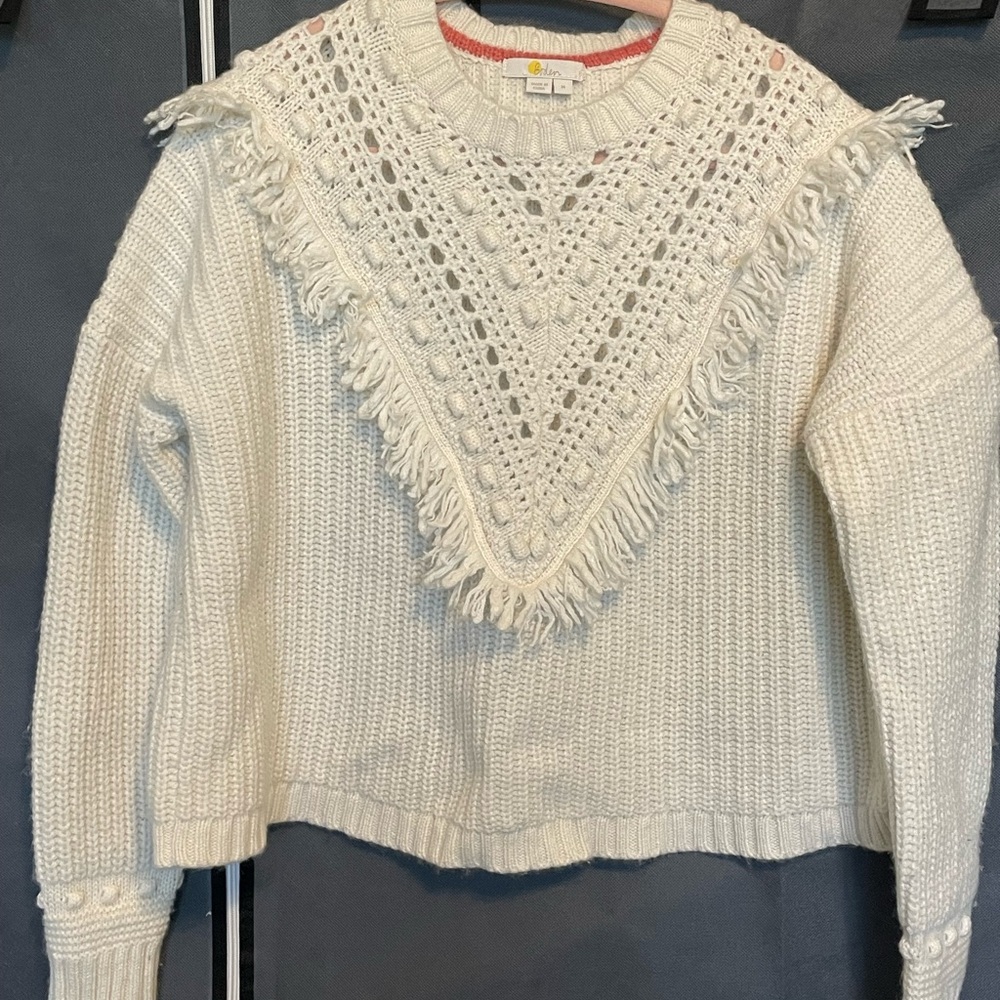 Boden White Crew Neck Sweater with Fringe Detail